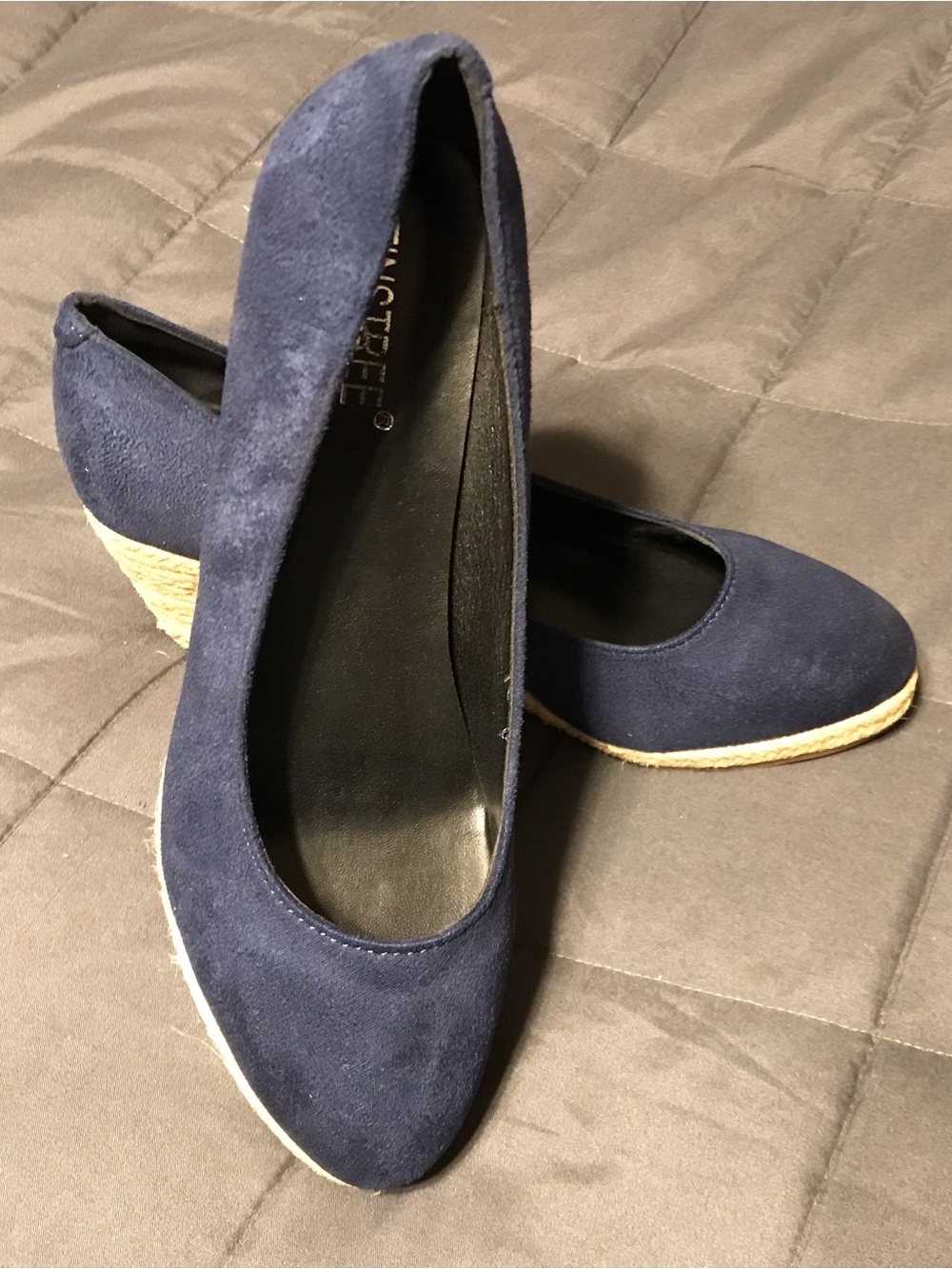 Navy Suede Wedge Pumps with Braided Espadrille Heel